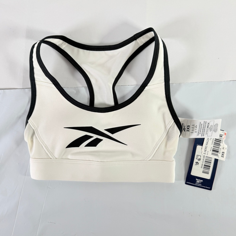 Reebok S Hero Racer Pad Bra Womens Medium Impact White Black Sports Bra 2XS